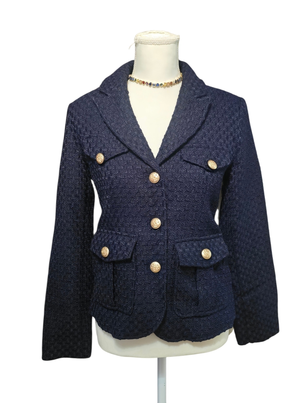 Textured Navy Gold-Button Blazer Jacket